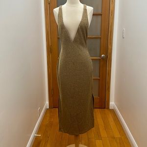 Michael Costello Cordelia Midi Dress in Gold,  size: L